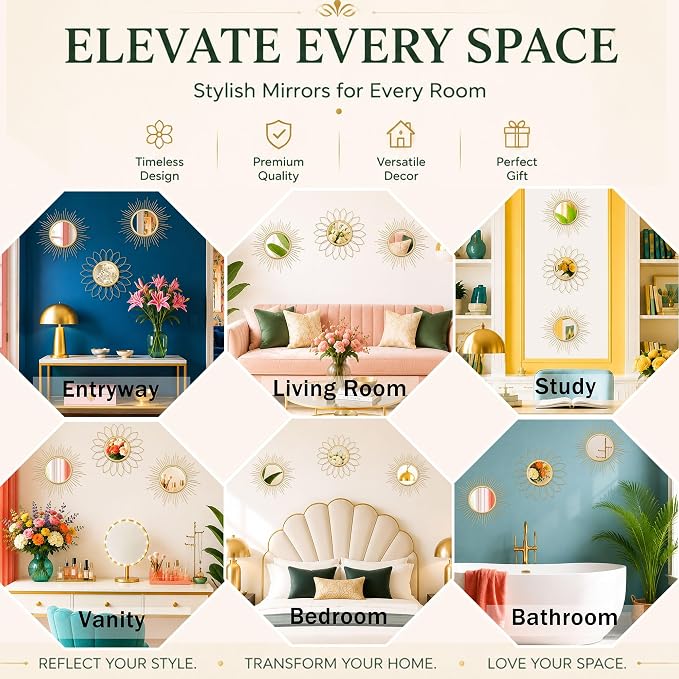3 Pack Metal Mirrors for Wall Sunburst Wall Mirrors Home Décor Decorative Hanging Wall Art for Living Room Bedroom Entryway (Gold, Flower+Sunburst) - Image 4