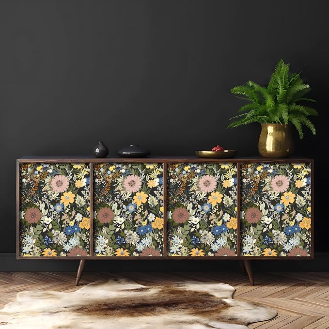 Vintage Floral Peel and Stick Wallpaper for Bedroom,Cabinets 17.3" x 118" | Textured Vinyl Contact Paper Self Adhesive Removable Waterproof Black/Green/Yellow Stick on Wall paper for Kitchen Bathroom - Image 4