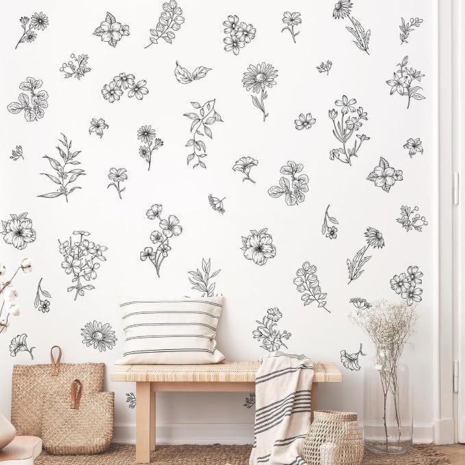 Black Flower Wall Decals Murals - 9 Sheets 67 Pcs Wildflower Botanical Plants Wall Stickers Simple Line Art Peel and Stick Vinyl Sticker for Living Room Bedroom Sofa TV Backdrop Decor by Supzone
