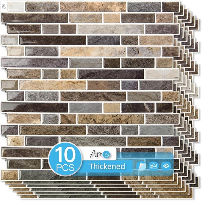 Art3d Linear Tile Peel and Stick Backsplash, 10-Pack, Vintage Sandstone | 12 x 12 Inch, Enhanced Thickness, Warp Resistant, Strong Adhesion, Sturdy, for Kitchen, Bedroom, Ideal for Home Improvement by Art3d