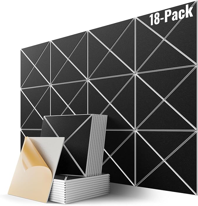 18 Pack Acoustic Panels, 12" x 12" x 0.4" X-Line Soundproof Wall Panels | Self-Adhesive, High-Density, Easy Install, Cuttable, For Bedroom, Living Room, Home & Office, Black on White by Lebenforce