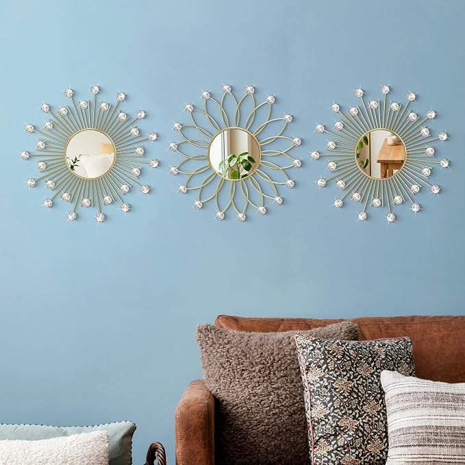 3 Pack Metal Mirrors for Wall Sunburst Wall Mirrors Home Décor Decorative Hanging Wall Art for Living Room Bedroom Entryway (Gold2 Crystal, Flower+Sunburst) - Image 3