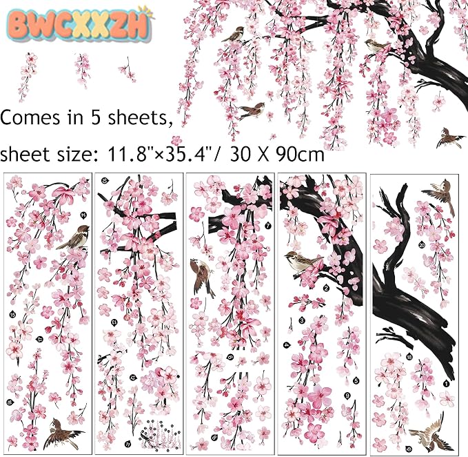 Large Pink Flower Wall Stickers, 47"x71" Removable DIY Romantic Cherry Blossom Tree Wall Murals Peel and Stick 3D Wall Art Stickers Home Decor for Gilrs Bedroom Nursery Rooms Living Room - Image 5