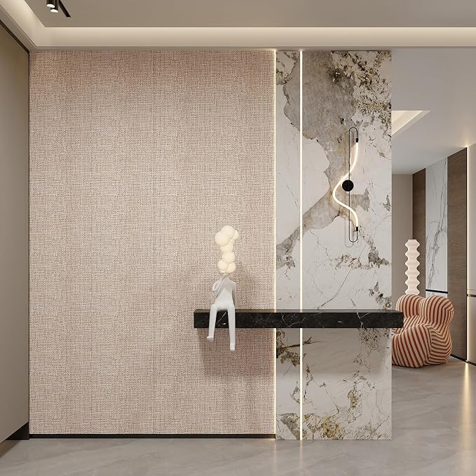 Yutianli 3D Wall Panel Peel and Stick Soundproof Foam Linen Wall Cloth Yellow 16.7"x118" Self-Adhesive Decorative Wallpaper Anti-Collision Wall Padding - Image 5