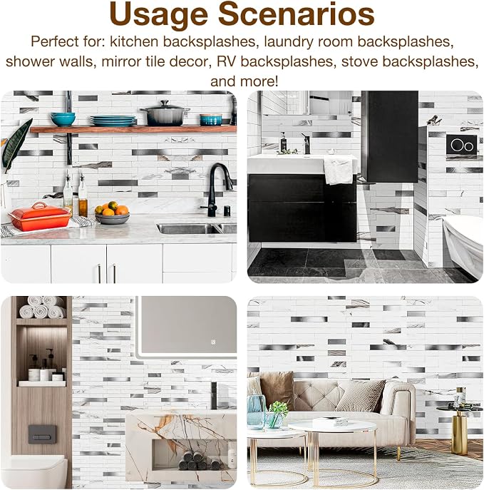 Peel and Stick Backsplash Tile Waterproof Removable PVC Wall Sticker 3D Faux Stone Marble Brick White Accent Panels (Rough White Marble - Metal Silver, 40 Tiles - 18 sq. ft. (1.68 m²)) - Image 7