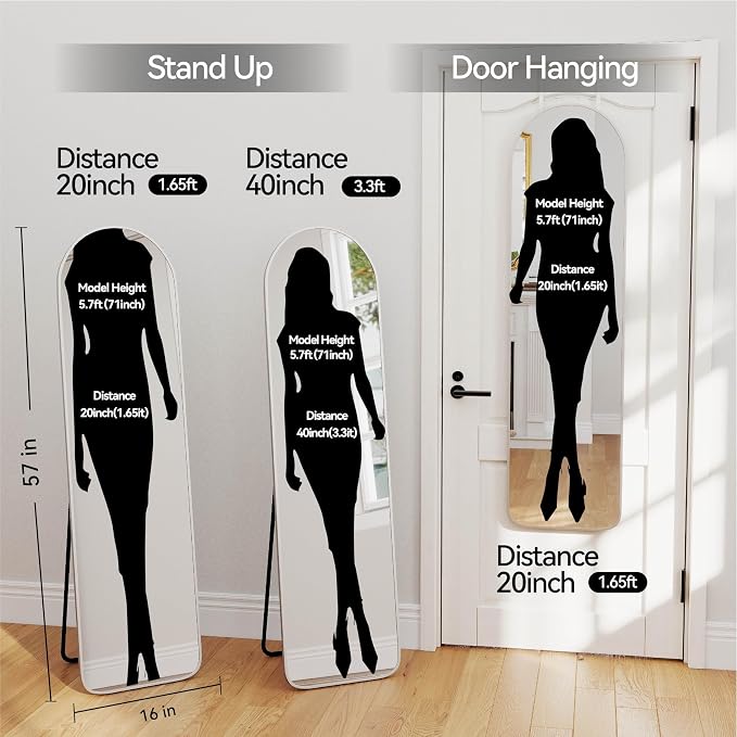 57x16" Full Length Mirror Floor Stand,Over the Door,Wall Mounted Silver - Image 2