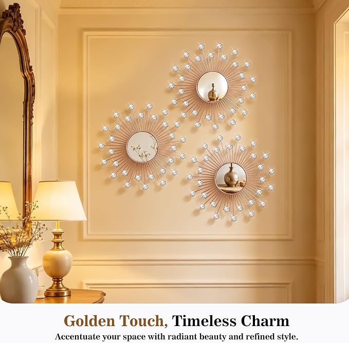 3 Pack Metal Mirrors for Wall Sunburst Wall Mirrors Home Décor Decorative Hanging Wall Art for Living Room Bedroom Entryway (Rose Gold2 Crystal, Sunburst) - Image 3