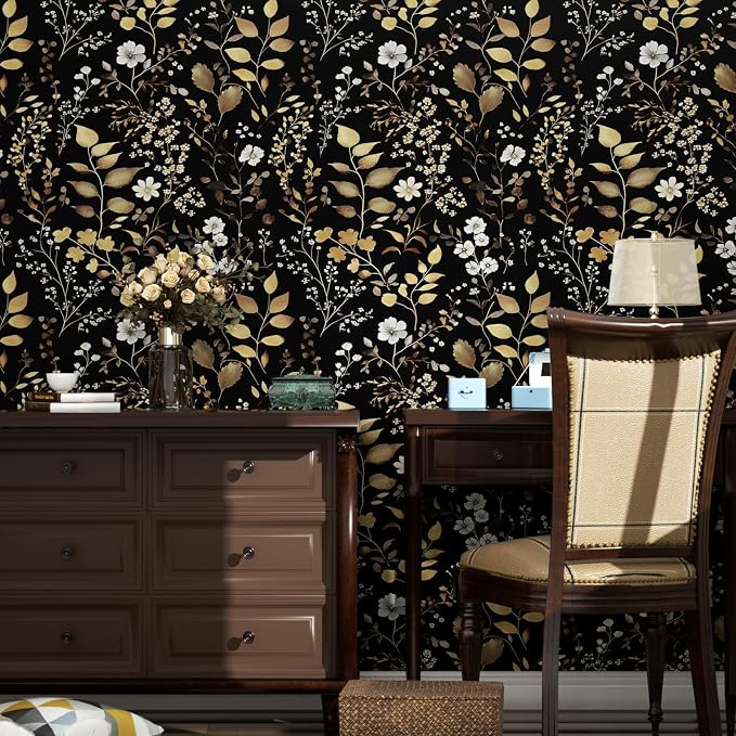Laatse Vintage Dark Floral Gold Leaf Peel and Stick Wallpaper 17.5"x787" | Self Adhesive/Removable/Waterproof/Thick Vinyl Extra Long Contact Paper for Bathroom Bedroom Shelf Cabinet Drawer,Prepasted - Image 4