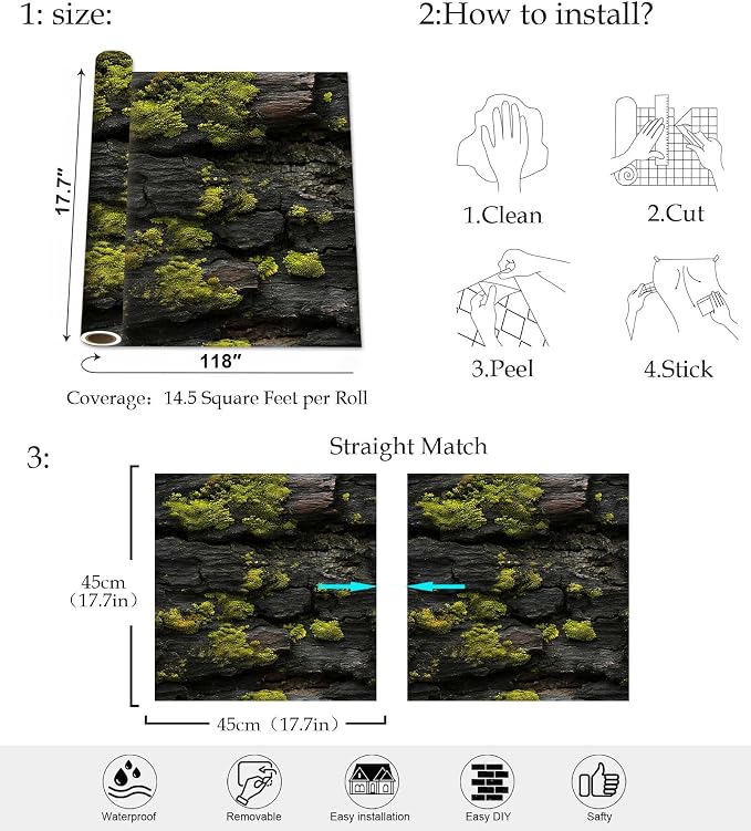 Brick Wallpaper Mossy Wood Peel and Stick Wallpaper | Black and Green Realistic Textured Bark Pattern Wallpaper Rustic Nature for Home Decor , Self-Adhesive, Waterproof Vinyl - Image 9