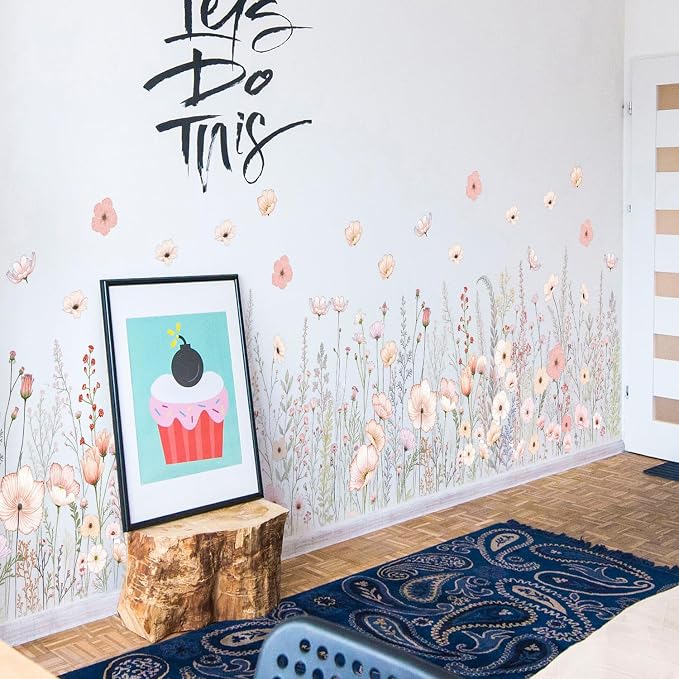 2 Pack Floral Baseboard Wall Stickers - Removable Peel & Stick Decals (3 Styles: Reeds, Flowers, Dandelions) - DIY Home Decor for Kids Girls Walls, Nursery, Classroom Wall Corner (Flower) - Image 3