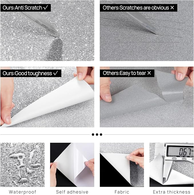 FunStick Glitter Wallpaper Border Peel and Stick Glitters Wall Border Self Adhesive Fabric Silver Wallpaper Borders Removable Silver Glitter Contact Paper Decor for Room Walls Bulletin Board 3.9"x200" - Image 6