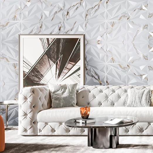 Art3dwallpanels 33 Pack 3D Wall Panel Diamond for Interior Wall Décor, PVC Textured Wall Panels, 12''x12'' Cover 32.Sq.Ft. Gold Veined White | PVC Accent Wall Panels for Interior Wall Decor, Living Room Lobby Bedroom Hotel Office - Image 5