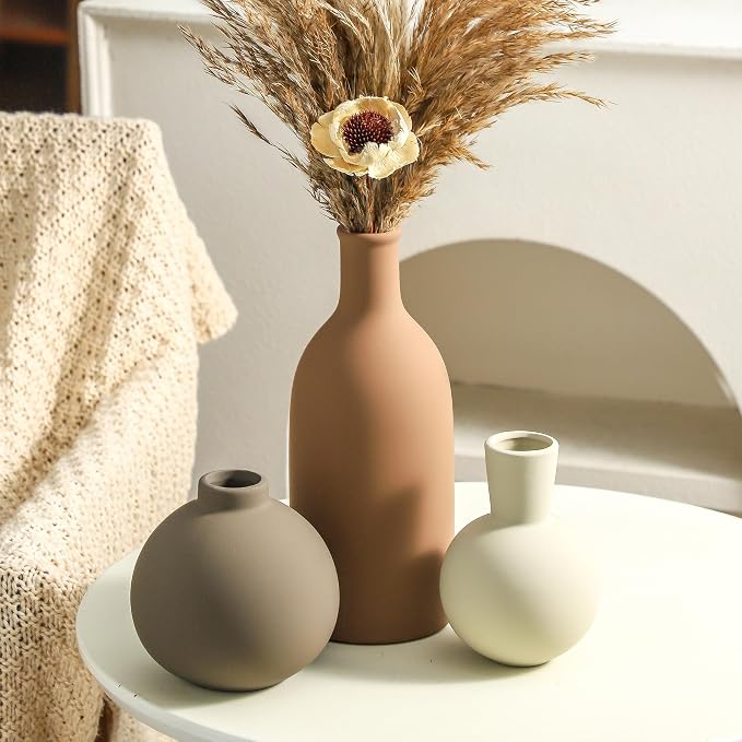 Vase Set of 3 | Ceramic Neutral Vases Home Decor | Rustic Flower Pottery Vases Modern Farmhouse Vase for Table Entryway Mantel Centerpiece Bookshelf Living Room Bathroom Bedroom -Brown Large - Image 5