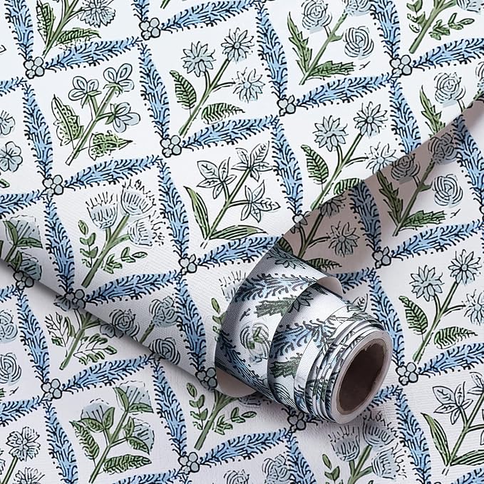 Drydiet Block Print Wallpaper Peel and Stick Contact Paper 15.8 x 118.1 | Self Adhesive, Vintage Floral Design, Easy Apply Remove, Wall Sticker for Home Locker Dorm Classroom Living Room Decor by Drydiet