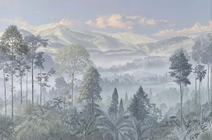 ASJ Forest Peel and Stick Wallpaper Mural, Misty Mountain Light Blue | Seamless edge-to-edge match. Dusty blue grey nature artwork, 157x98 in, premium fabric, living room bedroom. - Image 2