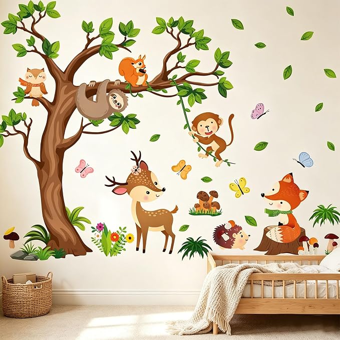 Arawat Tree Wall Decals Decor for Bedroom & Living Room - Monkey & Sloth Wall Stickers - Multicolor Cartoon Animal Wall Decor - Vinyl Sticker Decals by ARAWAT