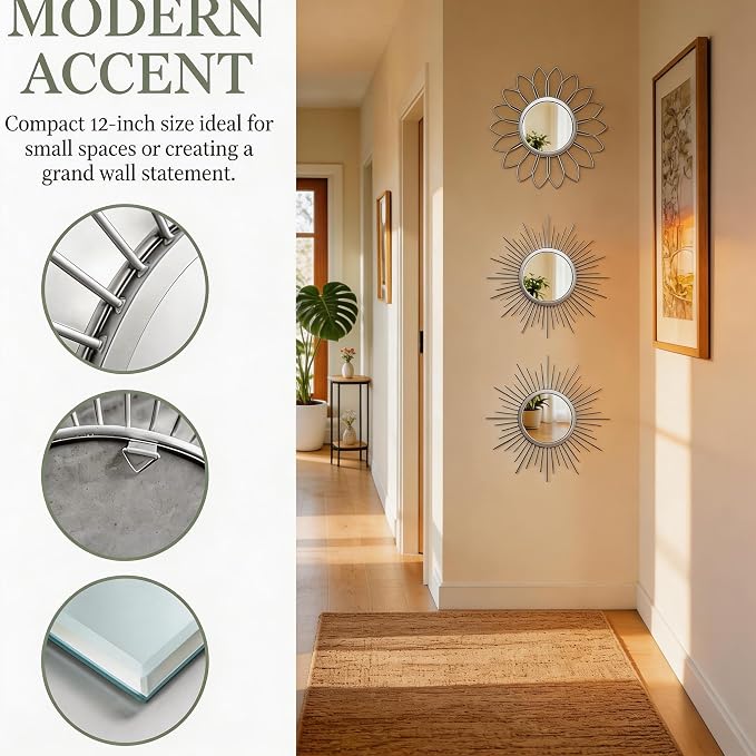 Boho Sunburst Wall Mirror Set of 3, 12 Inch Round Antique & Modern Metal Wall Art, Hanging Over The Door Mirrors for Wall Decor in Living Room, Bedroom, Bathroom, Entryway（Sliver） - Image 4