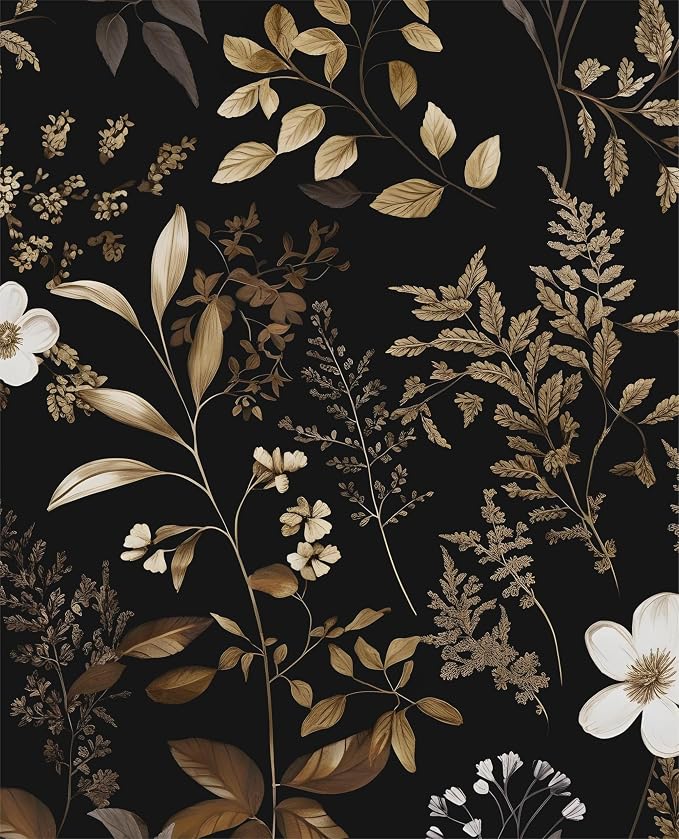 Laatse Floral Leaf Vintage Wallpaper Peel and Stick 17.5"x393", Gold Black | Self Adhesive/Removable/Waterproof/Thick Vinyl Contact Paper for Bathroom Bedroom Shelf Cabinet Drawer,Prepasted,Easy Peel by Laatse
