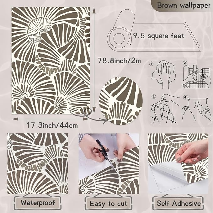 Theper White and Brown Wallpaper Peel and Stick Wallpaper Boho 17.3"×78.8" | Modern Wall Paper Removable Self Adhesive Wallpapers for Bedroom Brown Contact Paper for Cabinets Drawers Shelf Home Vinyl - Image 3