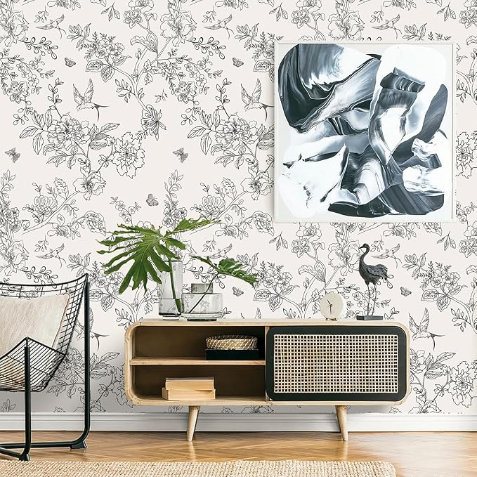 Froluya Black and White Floral Wallpaper Peel and Stick 17.7in×118.1in | Vintage Floral Contact Paper Boho Flowers Birds Removable Self Adhesive Decorative Wallpaper for Bathroom Cabinets - Image 2