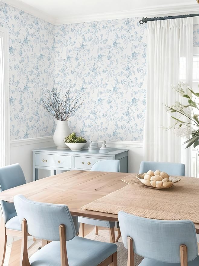 Dimoon 17.3''x385'' Blue Peel and Stick Wallpaper Floral Modern Light Blue Contact Paper White Bird Kitchen Wallpaper Removable Bathroom Renter Friendly Waterproof Embossed Bedroom Vinyl Roll - Image 7