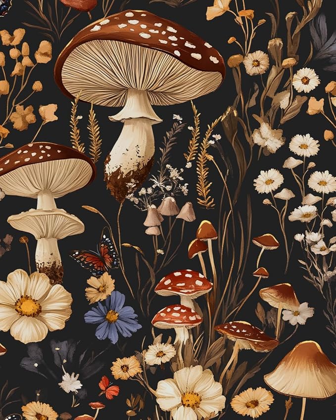 BOKEBEVE Mushoroom Wallpaper Peel and Stick Boho Black Brown 17.5 x 118In | Removable Self Adhesive Renter Friendly Vintage Floral Wall Paper for Bedroom Bathroom Cabinet Drawer Feature Accent Wall by BOKEBEVE