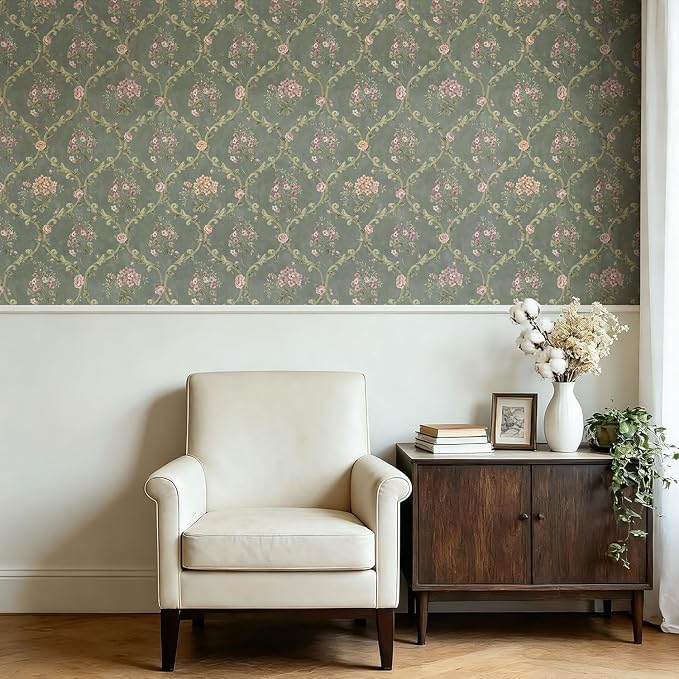 Dark Green Peel and Stick Wallpaper Floral Wallpaper 16.9in×118in | Self Adhesive Vintage Floral Wallpaper Removable Boho Contact Paper Green Wallpaper Waterproof for Bedroom Nursery Cabinets - Image 4