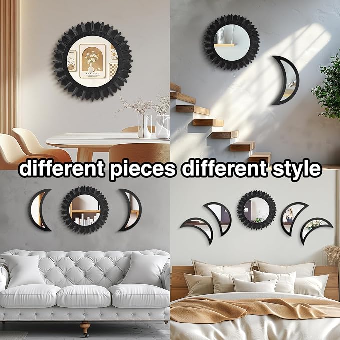 WAKOSAN Moon Phase Wall Mirror Set, 5PCS Wooden and Real Glass Mirrors - Image 6