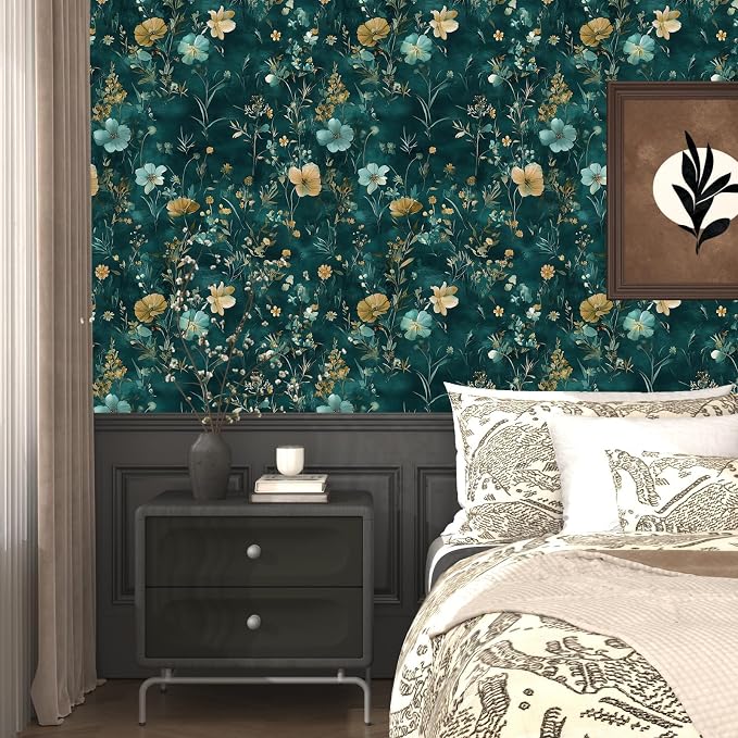Laatse Floral Leaf Vintage Wallpaper Peel and Stick 17.5" x 118", Teal Gold | Self Adhesive/Removable/Waterproof/Thick Vinyl Contact Paper for Bathroom Bedroom Shelf Cabinet Drawer,Prepasted,Easy Peel - Image 8