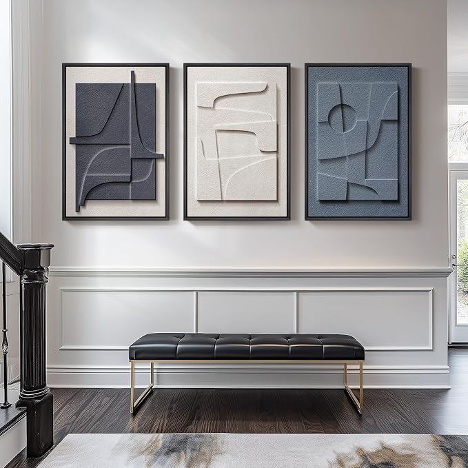 Large Framed Blue Abstract Wall Art for Living Room, Modern 3D Artwork | Solid wood frame, Navy blue and white pictures, Set of 3 piece big 24x36 in, Textured paintings wall decor bedroom office - Image 4