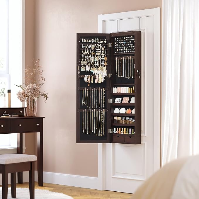 SONGMICS 6 LEDs Mirror Jewelry Cabinet, 47.2-Inch Tall, Lockable - Image 8