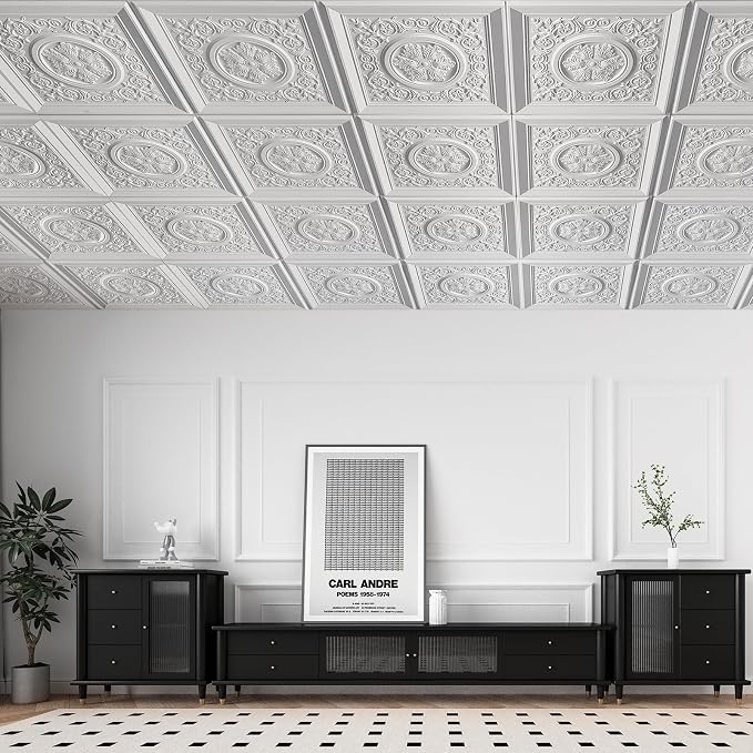 WOWSTAR 12-Pack 24"x24" Drop Ceiling Tiles, Waterproof Glue up Vintage Style 3D Ceiling Tiles, White | PVC ceiling panels, 24"x24", waterproof, glue-up install, basement kitchen bathroom, 12-pack - Image 2
