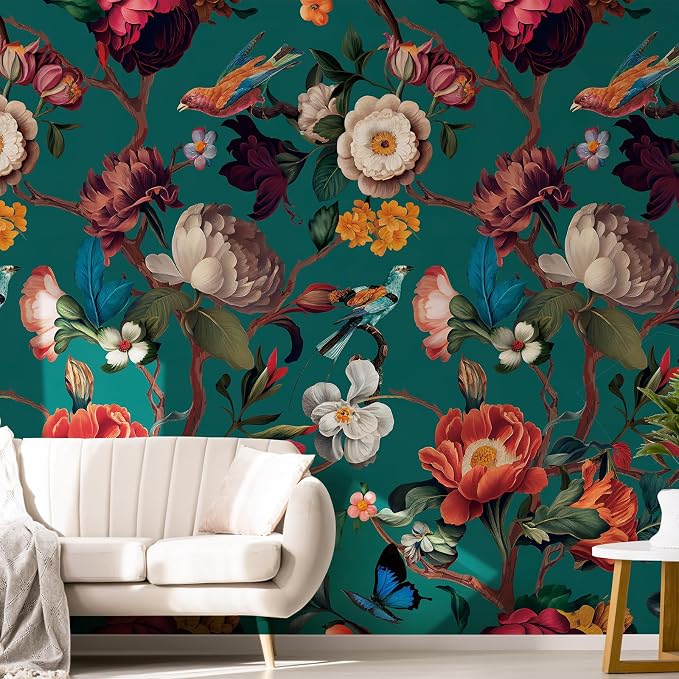 Zeeko Vintage Blue Floral Peel and Stick Wallpaper Mural, 148" x 98" | Large Flower Art Deco Wall Murals, Ideal for Bedroom TV Background Wall Paintings, Home Decor - Image 4