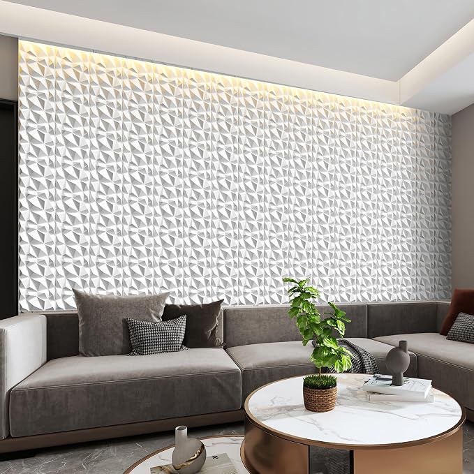 INMOZATA 3D Wall Panels, Diamond Textured PVC Accent Wall Panels | 33-Pack 12" x 12" PVC Decorative Wall Panels for Interior Wall Decor, TV Gaming Living Room, Bedroom Background, White - Image 8