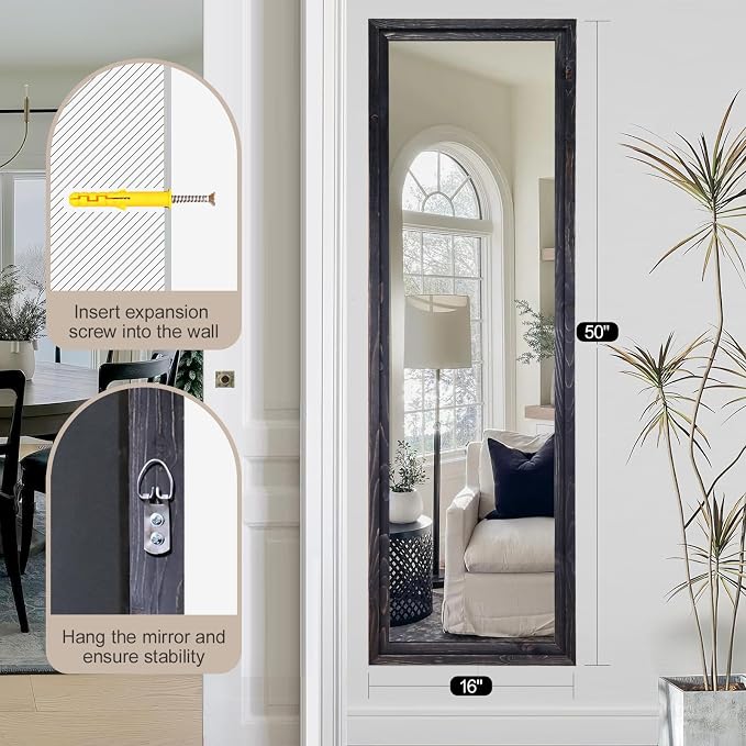 50"x16" Door Mirror, Rustic Full Length Mirror, Over The Door Hanging Mirrors Full Length, Wooden Hanging Mirrors for Bedroom, Bathroom, Black - Image 7