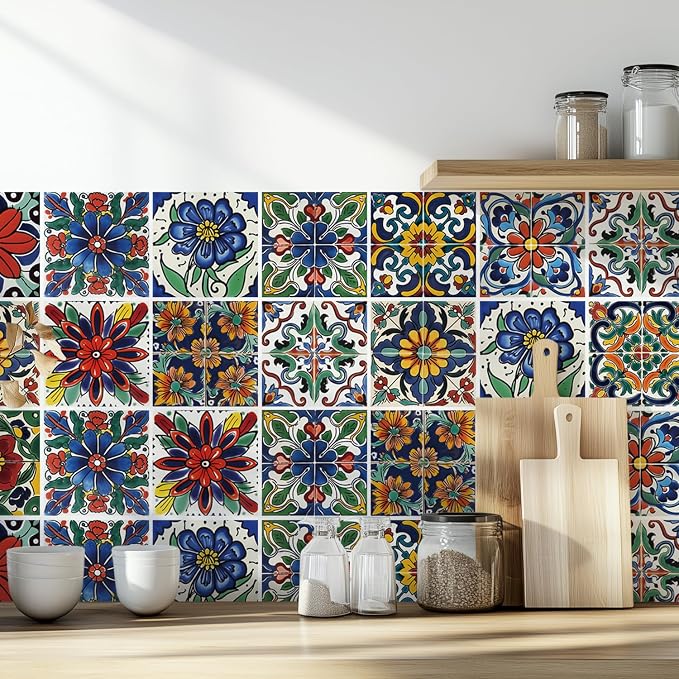 30 Pcs Mediterranean Style Peel and Stick Wall Tile Decals - Waterproof Vinyl Stickers for Kitchen Backsplash, Bathroom, Stair Riser Decor - Spanish Floral Pattern - 4x4 Inch - Image 7