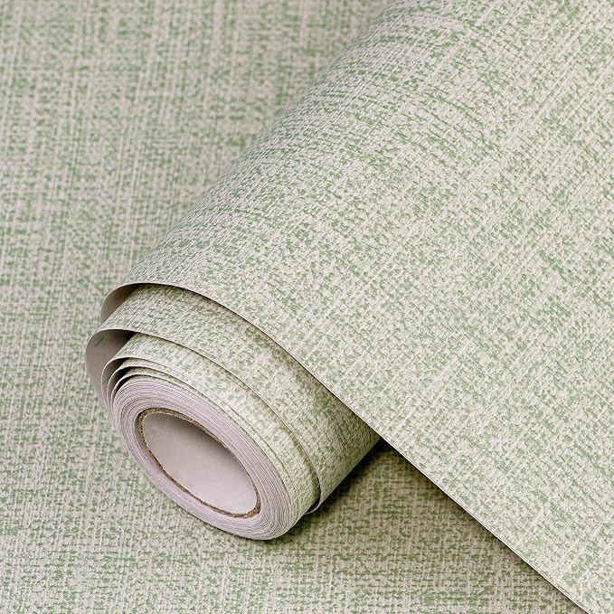 Green Grasscloth Peel and Stick Wallpaper 17.3"x300" Faux Linen Textured Contact Paper Removable Self Adhesive Vinyl Wallpaper for Bedroom Bathroom Kitchen by Uooar
