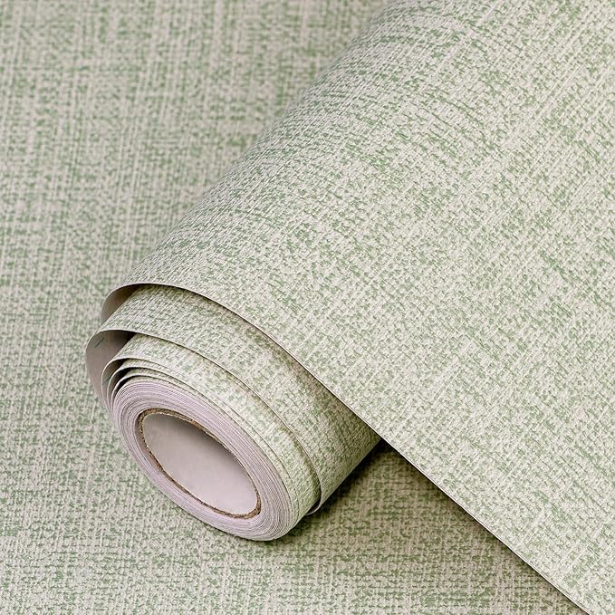 Green Grasscloth Peel and Stick Wallpaper 17.3"x1200" Faux Linen Textured Contact Paper Removable Self Adhesive Vinyl Wallpaper for Bedroom Bathroom Kitchen Cabinets by Uooar