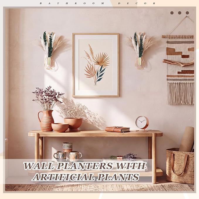 Otoolling Boho Wall Decor Set of 2 – Metal Hanging Wall Art with Faux Pampas or Eucalyptus,Minimalist Bohemian Accent for Living Room, Bedroom, Entryway(Gold,Pampas,Eucalyptus) - Image 4
