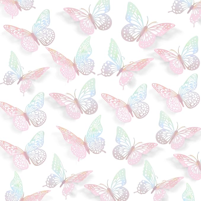 SAOROPEB 3D Butterfly Wall Decor 48 Pcs Laser Pink Butterfly Decorations | 4 Styles 3 Sizes, Birthday Decorations Butterfly Party Decorations Cake Decorations, Removable Stickers by SAOROPEB