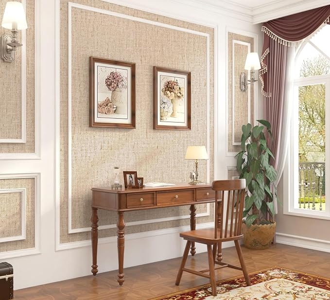Beige Grasscloth Peel and Stick Wallpaper Textured 15.7in x 118.1in | Faux Linen Wallpaper Peel and Stick Vintage Grasscloth Contact Paper Self Adhesive Removable Contact Paper for Bedroom Vinyl - Image 8