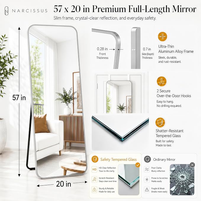 NARCISSUS Full Length Mirror 57x20 Inch, Over The Door Mirror with Stand, Wall Mounted or Freestanding/Door Hanging Full Body, Aluminum Alloy Frame, Silver - Image 2