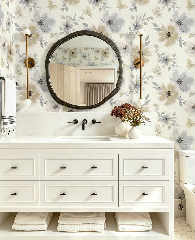 Floral Peel and Stick Wallpaper Vintage Wall Paper Neutral 17.3"×118" | Flower Contact Paper Beige Boho Wallpaper Slef Adhesive Removable Wall Paper Vinyl Waterproof for Living Room Bathroom - Image 4