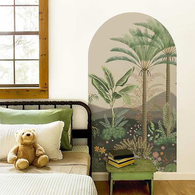 Large Jungle Green Tropical Arch Wall Decals Peel and Stick 63"x 34.2" | Botanical Tropical Landscape Wall Sticker Earth Tones Woodland Wall Decal Accent Bed Art Decor for Bedroom Living Room by HueBurst