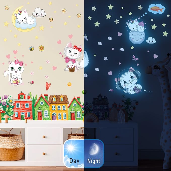 Glow in The Dark Stars for Girl's Room, Glowing Cats Cartoon Wall/Ceiling Decals, Kitten Butterflies Stickers for Kids Bedroom, Luminous Wall Decor for Nursery (Blue) - Image 4