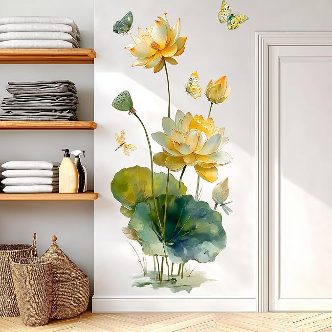 Watercolor Floral Flower Lotus Butterfly Peel and Stick Wall Decals Decor | Yellow water lily green leaves removable vinyl sticker mural, elegant oriental zen art for living room bedroom yoga bathroom - Image 4