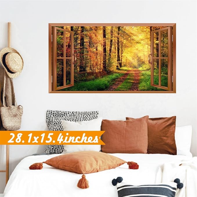 Autumn Forest Wall Stickers 3D Fake Windows Fall Wall Decals Peel and Stick | Removable Nature Trees Landscape Faux Window Stickers, Thanksgiving Day Art Murals, for Bedroom Living Room Office Decoration - Image 2