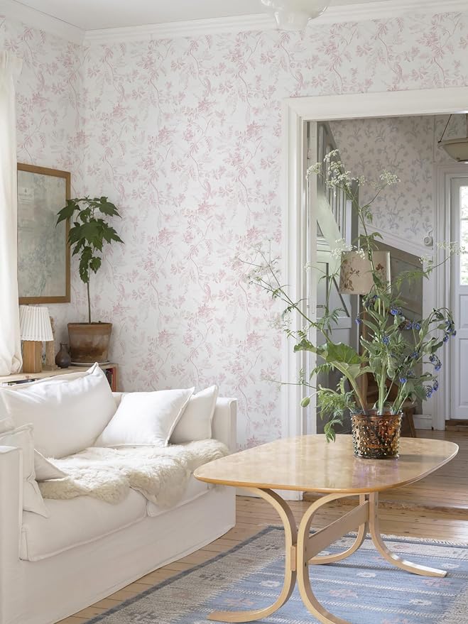 Dimoon Pink Peel and Stick Wallpaper Floral Contact Paper Boho Modern Cottage Wall Paper White Bird Village Wallpaper Renter Friendly Botanical Waterproof for Bathroom Kitchen 78.7"x17.3" - Image 2