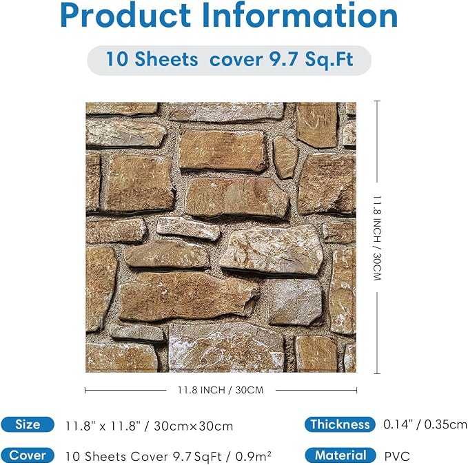 COMSTICKC 3D Peel and Stick Faux Stone Wall Panels for Quick DIY Wall Decor | Brown, 10 Pcs 11.8" x 11.8", Not Real Stone, Lightweight Thin PVC Decorative Tiles Wall Sticker Wallpaper, Cover 9.7 sq ft - Image 5