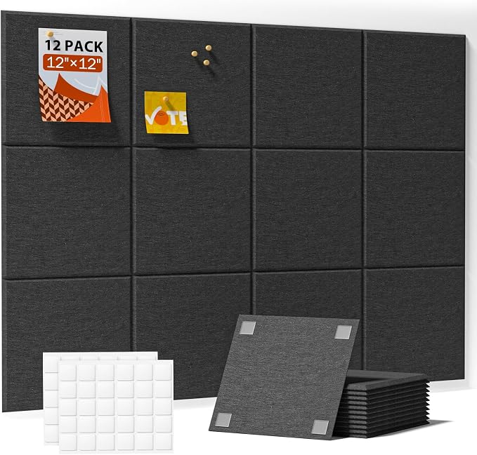 Soundsbay Square Soundproof Wall Panels 12 Pack with 60 Adhesive Tapes | 150kg/m³ High Density Covers 11.6 sq ft, Sound Proof Panels for Walls, Home Office, Recording Studio, Bedroom 12" X 12" Black by Soundsbay